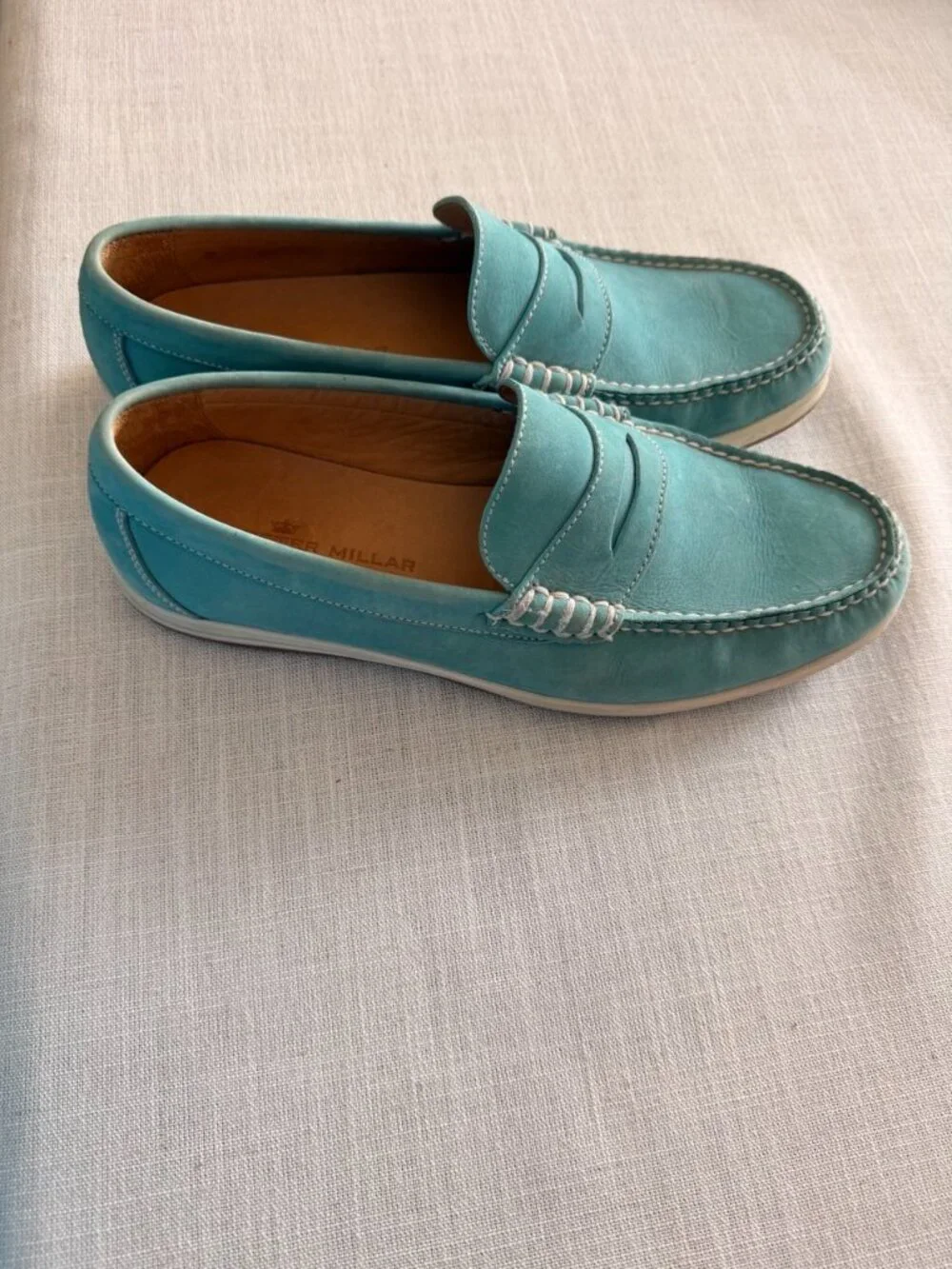 Peter Millar Men’s Leather Penny Loafers Aqua Blue Size 10M Made in Brazil